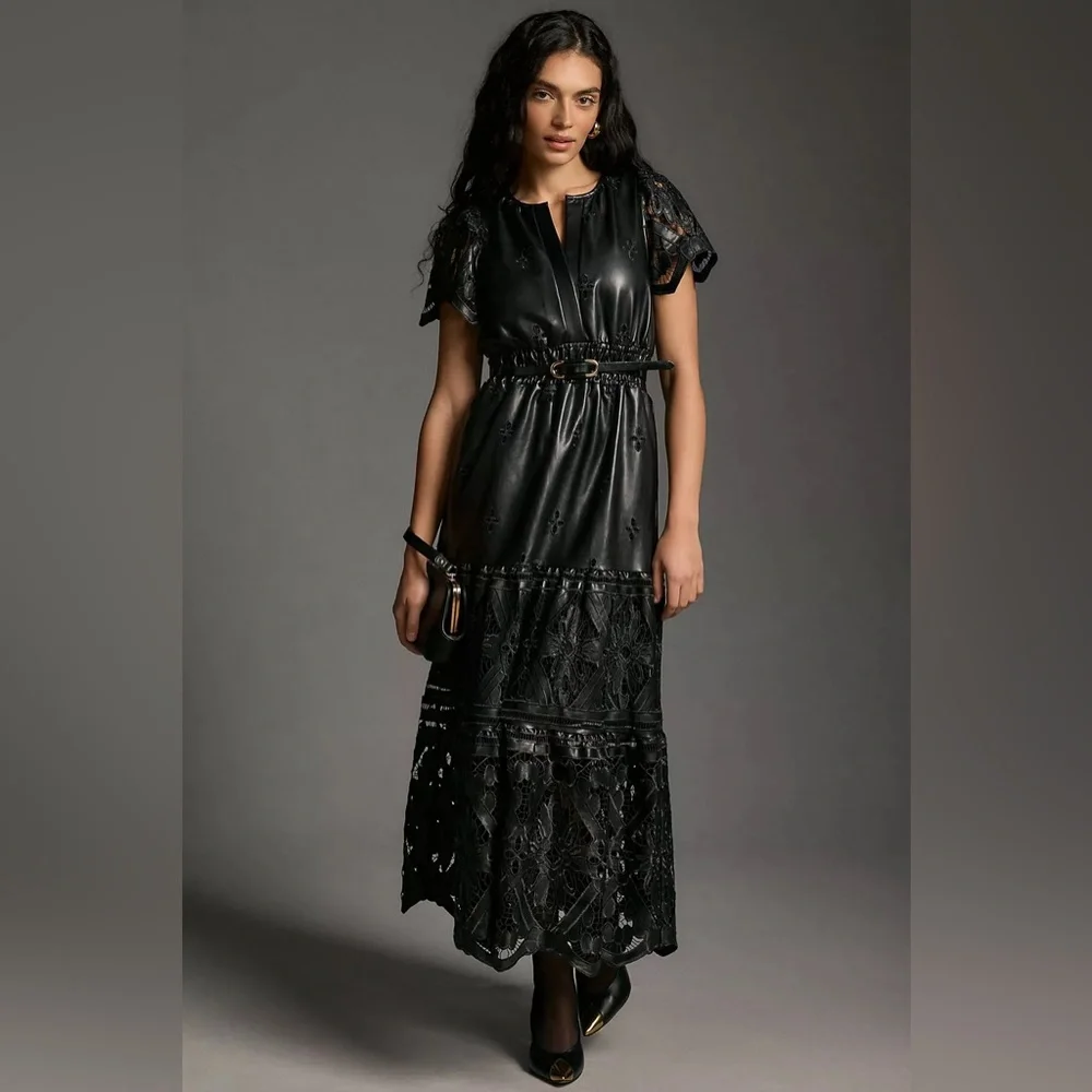 NWT Anthropologie The Somerset Maxi Dress: Faux Leather Embroidered Edition L - Picture 1 of 13